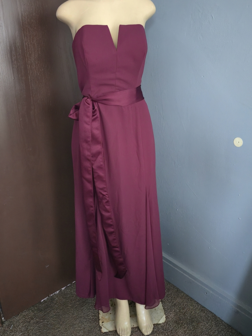 White by Vera Wang Strapless Magenta Evening Gown with Satin Waist Tie